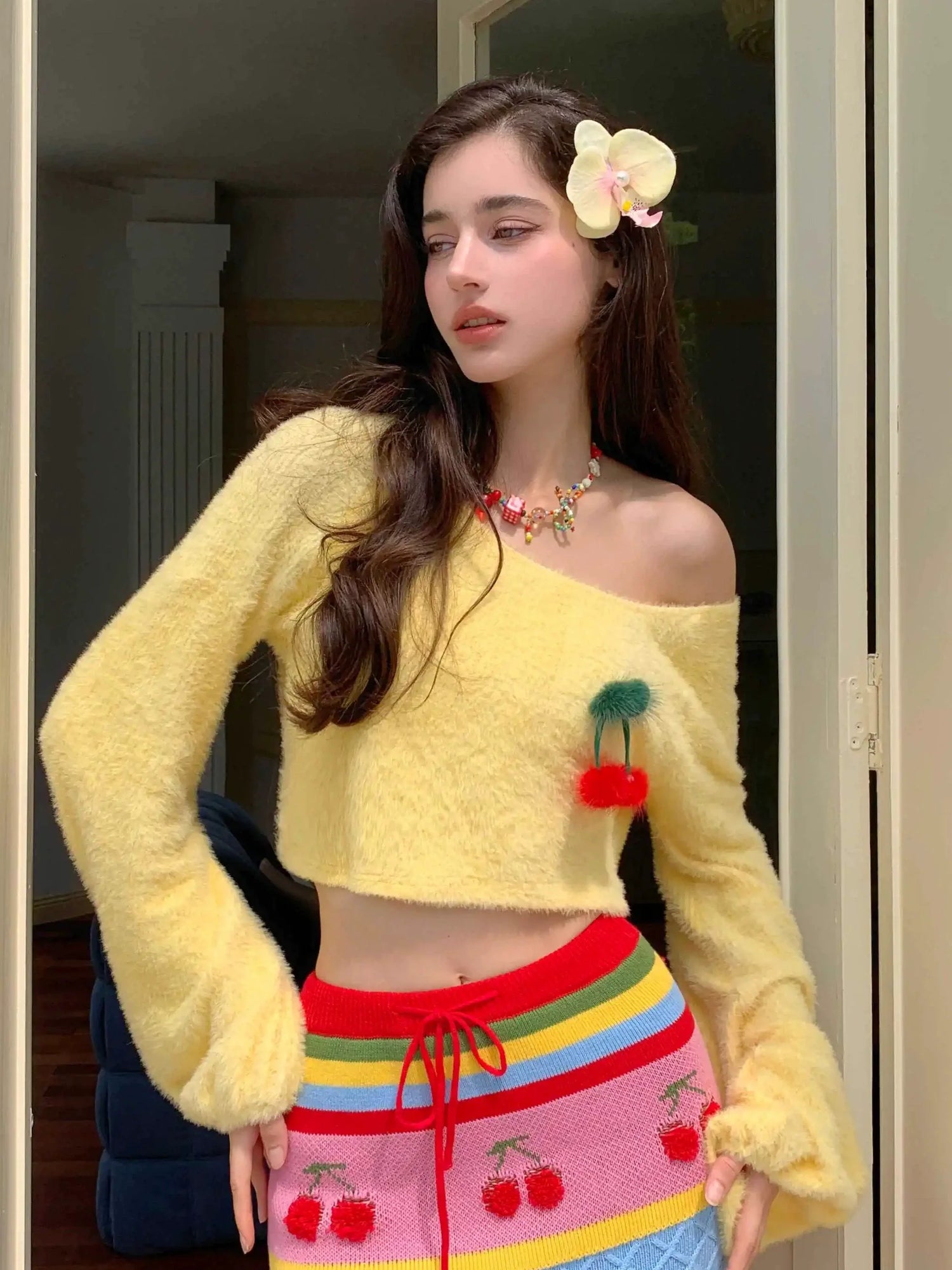 Soft Yellow Off-Shoulder Knit Sweater &amp; Skirt Set