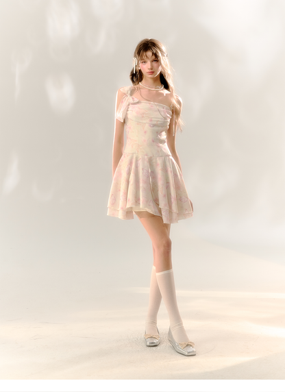 White Butterfly Print Cinched Waist Dress