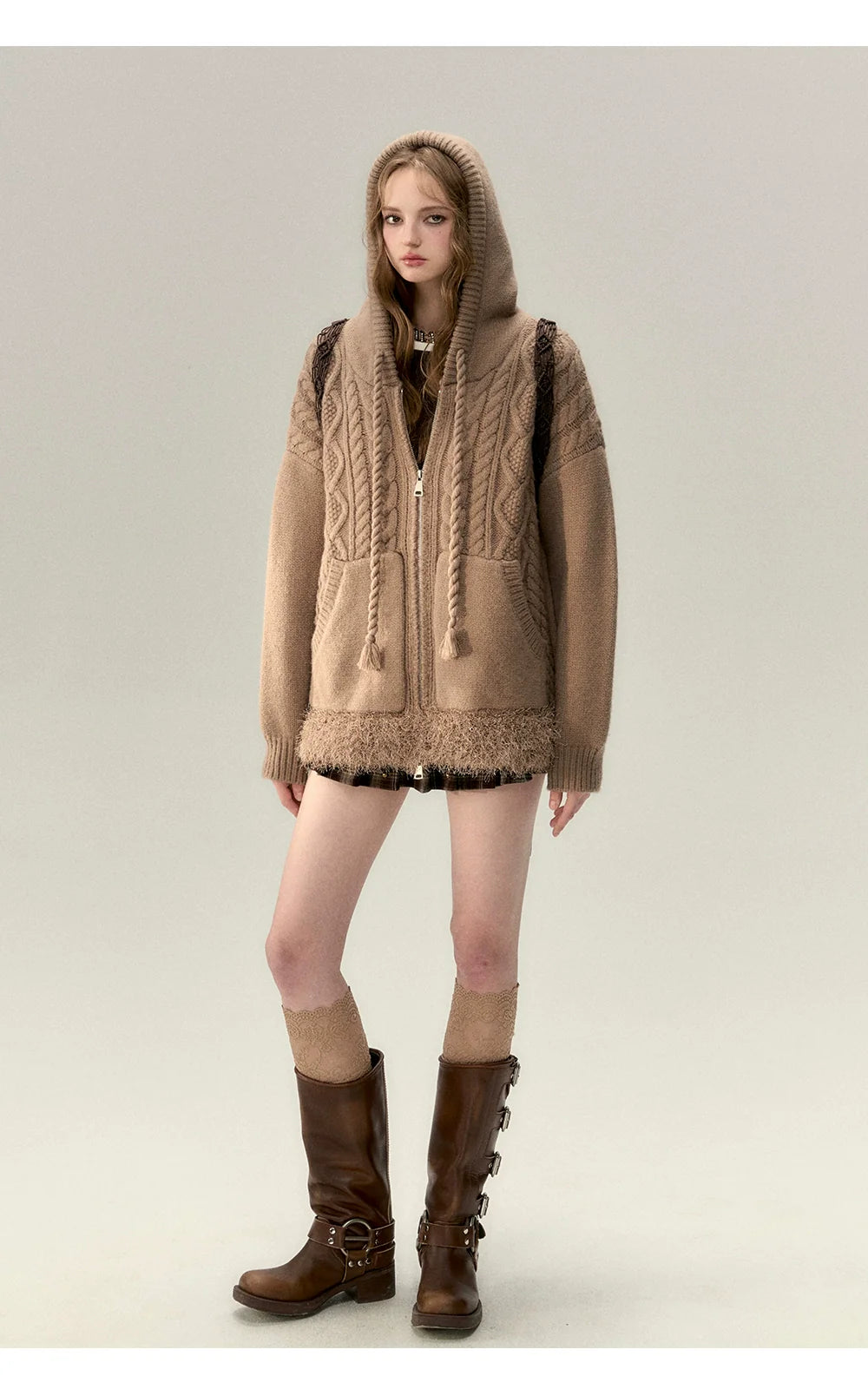 Off-white &amp; Khaki Twisted Knit Hooded Sweater