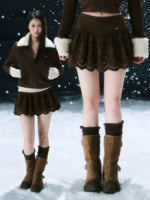 Brown Hollow Jacquard Mini Skirt