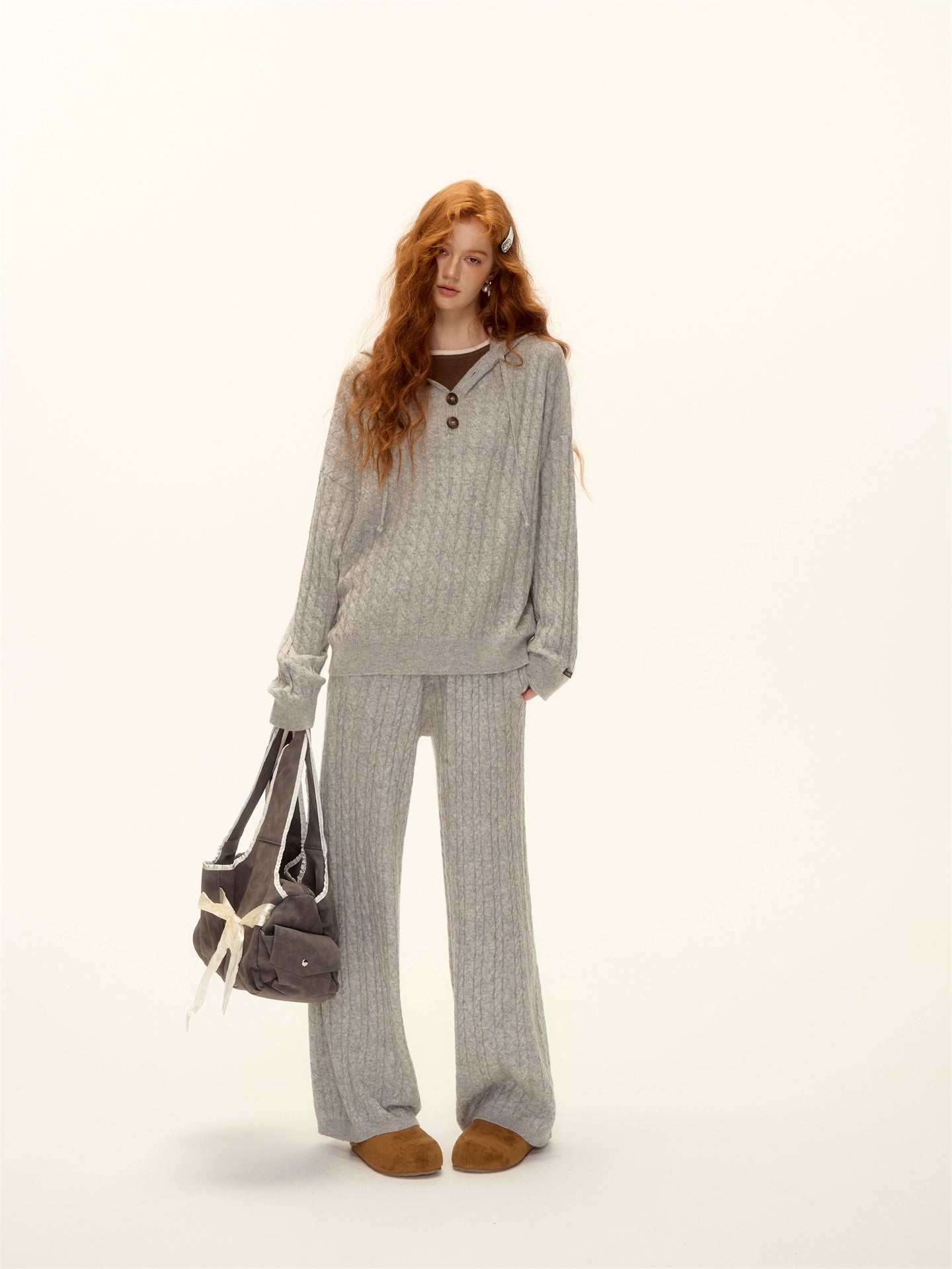 Wool Blend Cable Knit Hoodie and Pants Set