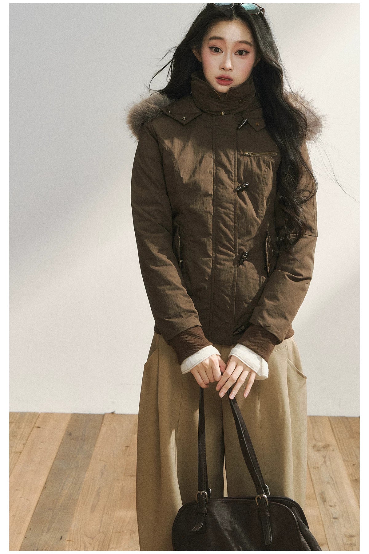 Brown Faux Fur Hooded Toggle Coat