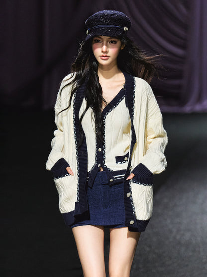 Contrast-Trim Knit Cardigan &amp; Vest Set