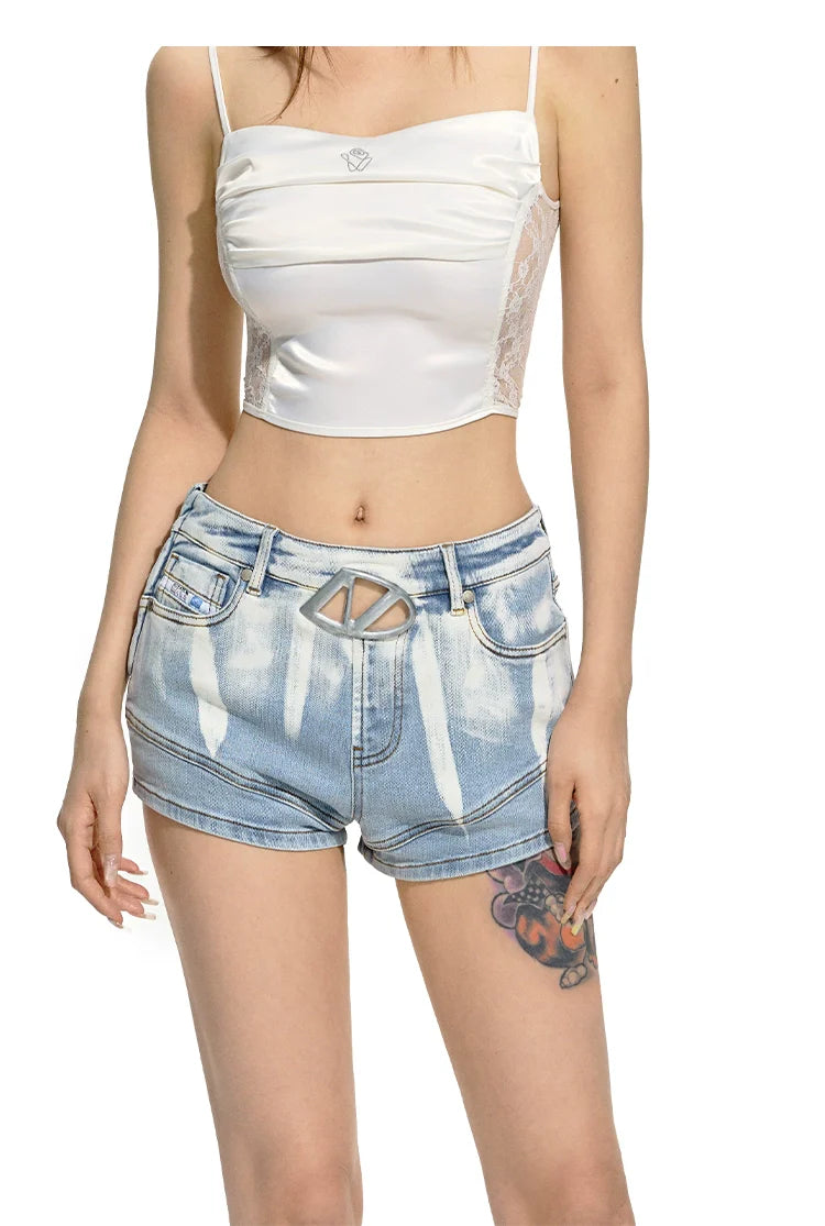 Gradient Floral Elastic Skinny Denim Shorts