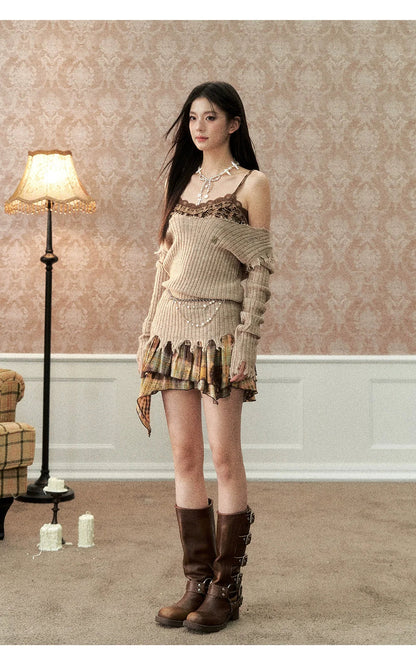 Khaki &amp; Off-white Frayed Edge Sweater