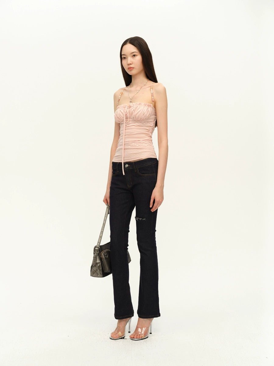 Beaded Strap Lace Splicing Acetate Cami Top