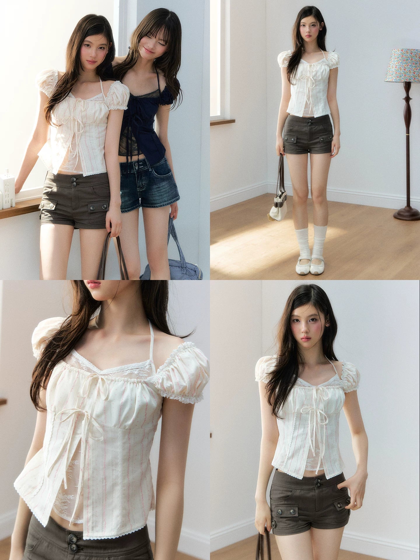 Layered Lace Bow Puff Top