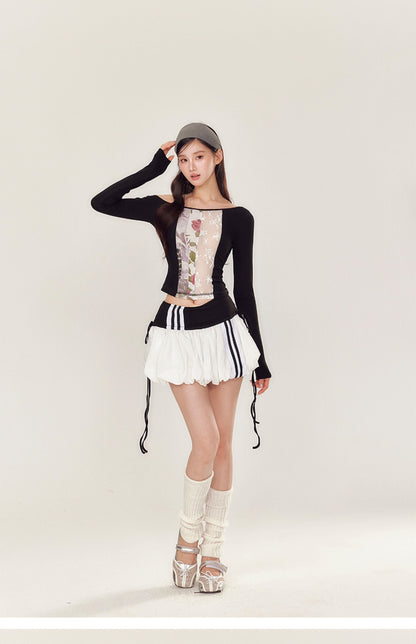 Lace Floral Off-Shoulder T-shirt &amp; Skirt Set