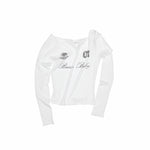 Off-Shoulder Badge Print Long Sleeve T-shirt