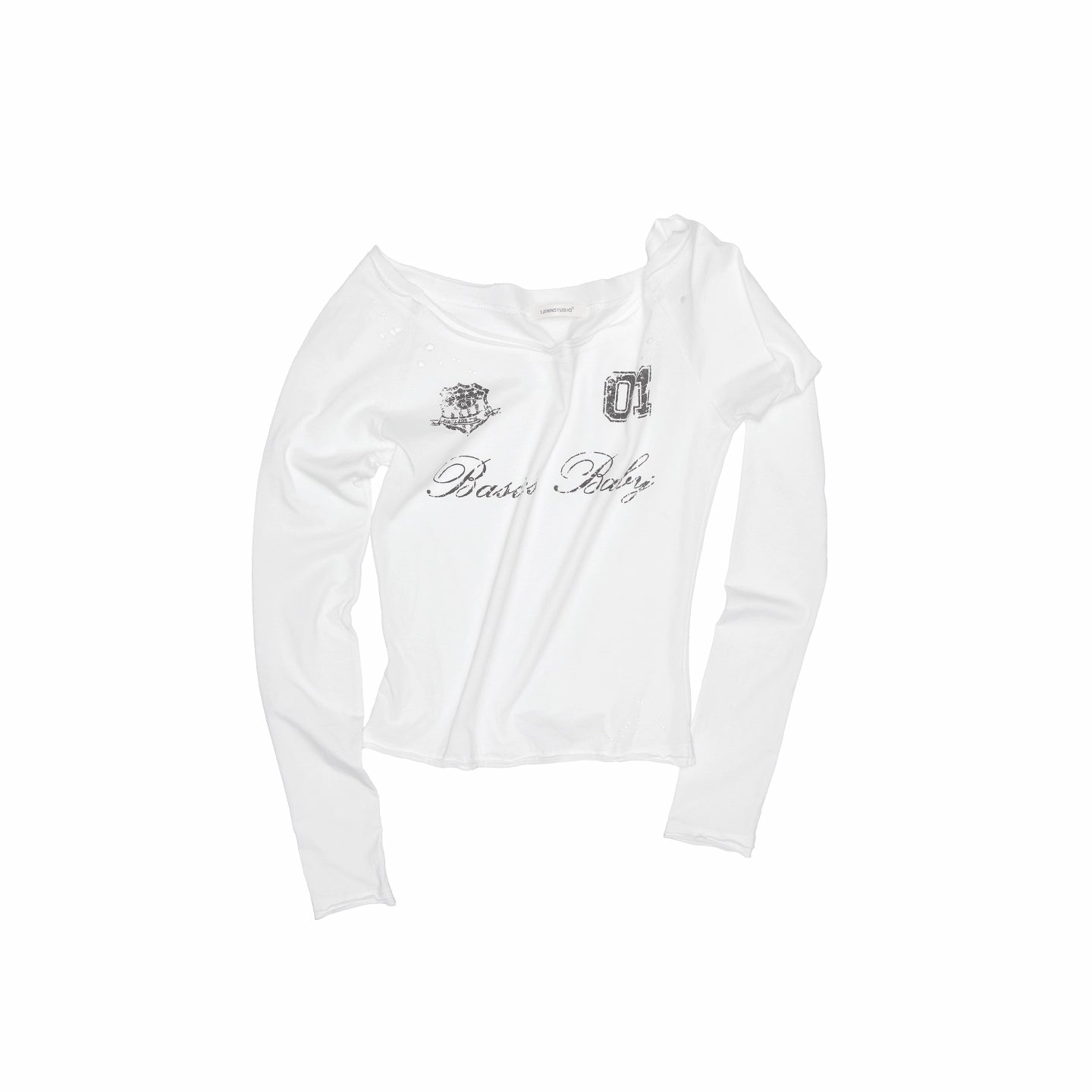 Off-Shoulder Badge Print Long Sleeve T-shirt
