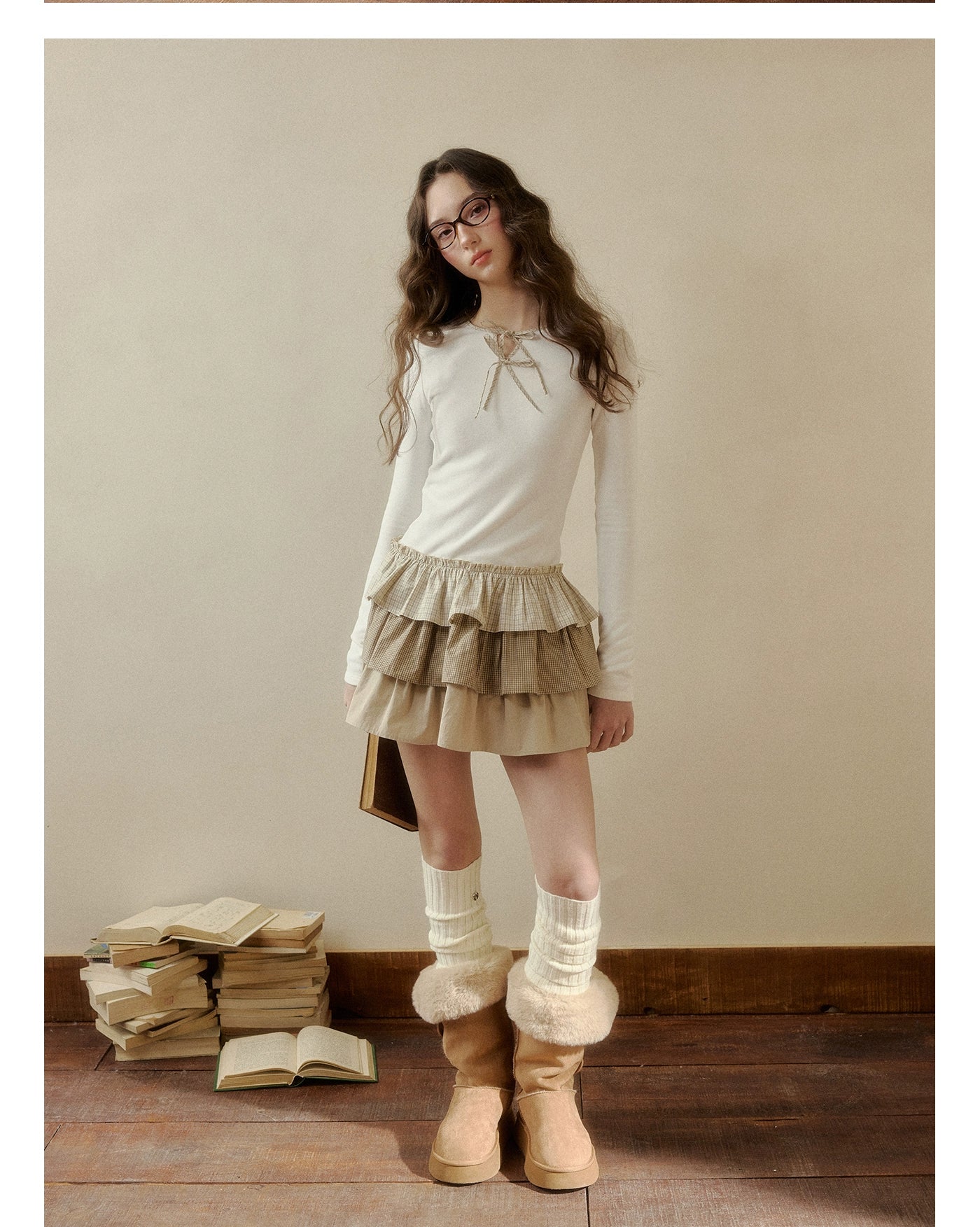 Brown &amp; White Knit Plaid Tiered Dress