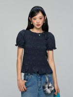 Three-Dimensional Flower Pleated Short-Sleeve Blouse
