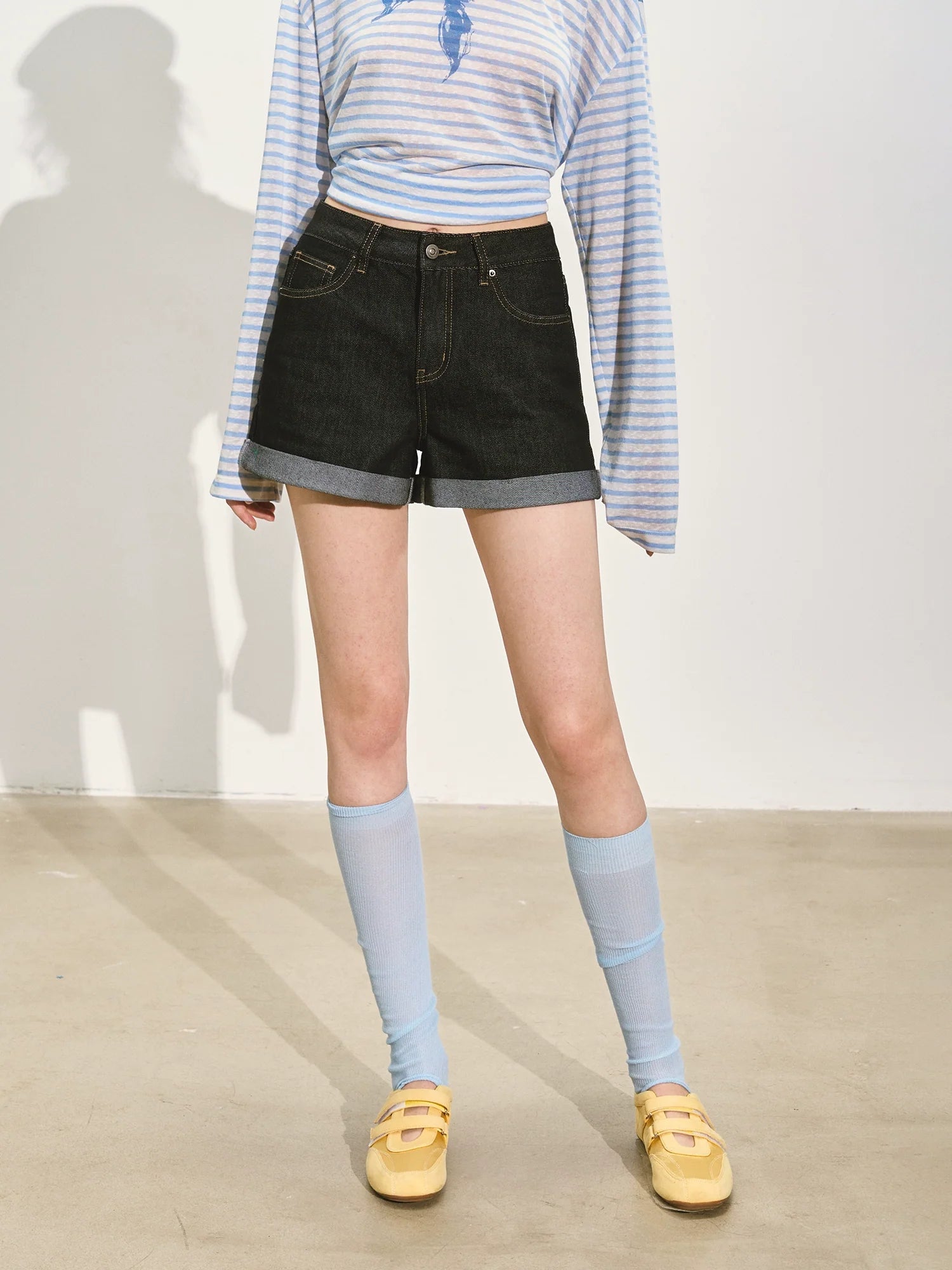 Washed Rolled Denim Shorts