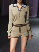 Contrast Tie-Neck Polo Knit Set