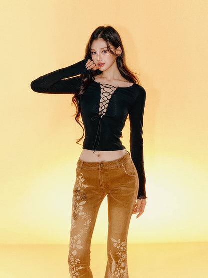 Lace Backless Tie-Up Long Sleeve T-shirt