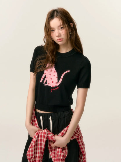 Cat Print Short Sleeve Knit Top
