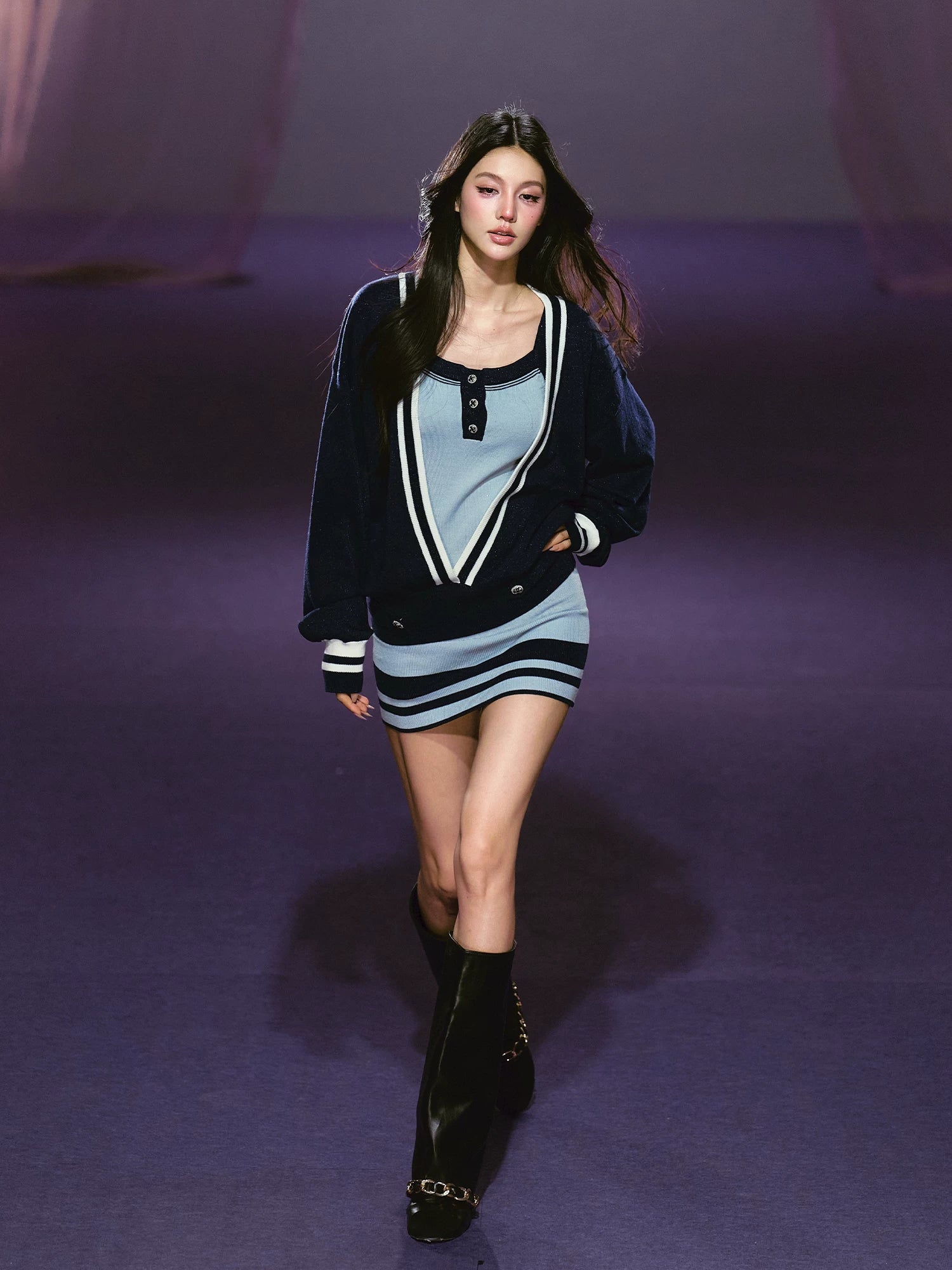 Blue V-Neck Knit Cardigan &amp; Dress Set