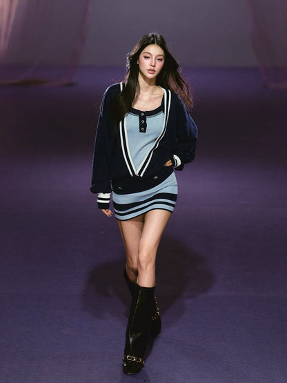 Blue V-Neck Knit Cardigan &amp; Dress Set