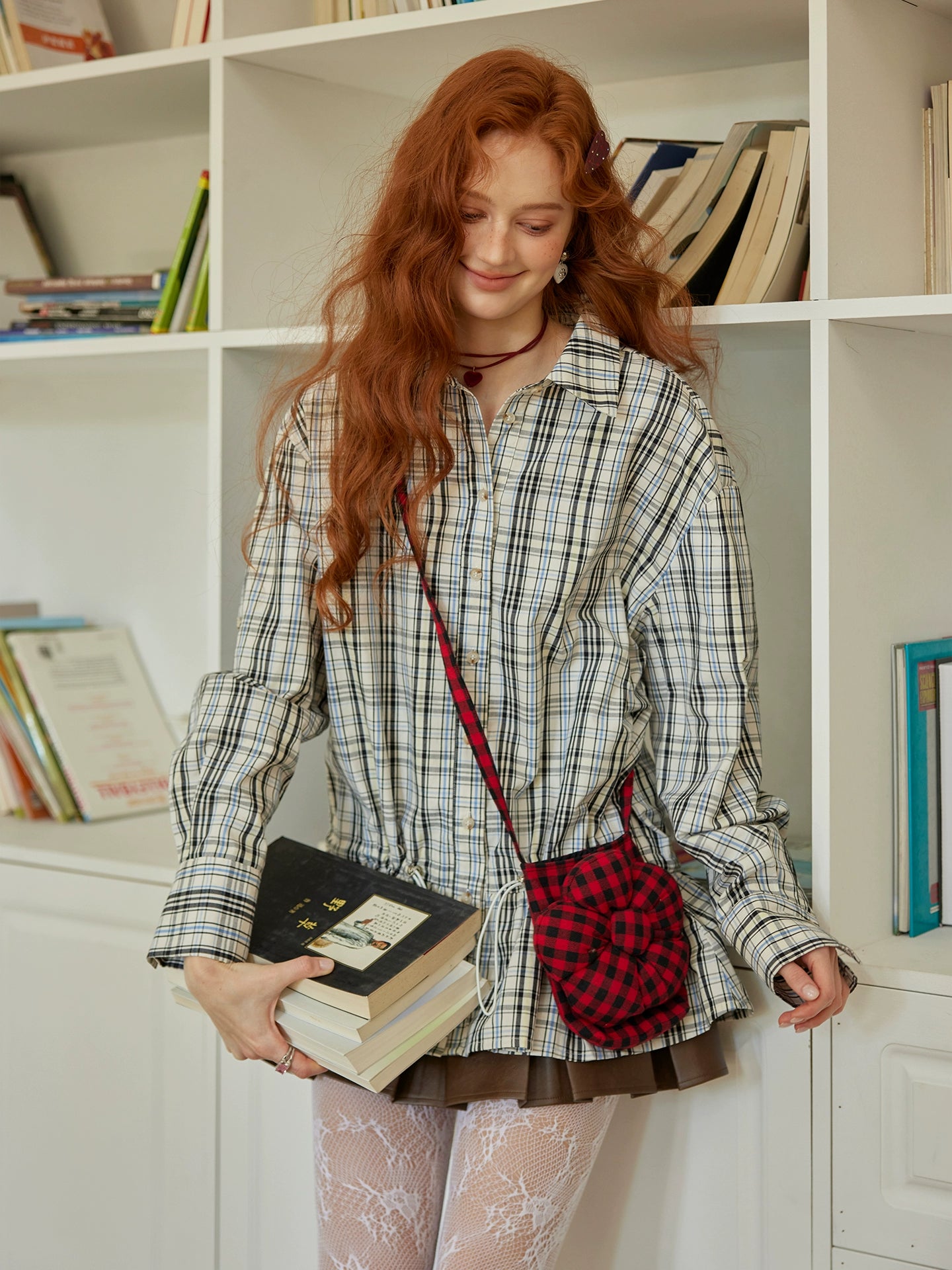 Drawstring Hem Plaid Long Shirt