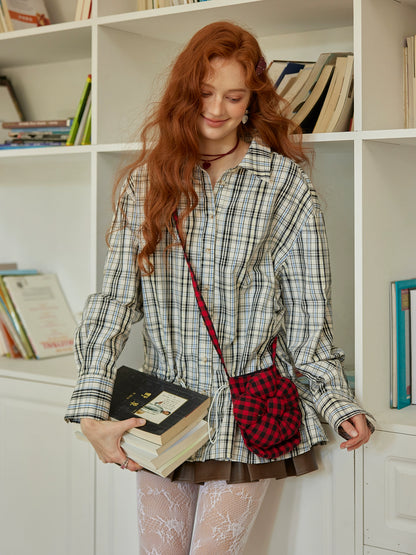 Drawstring Hem Plaid Long Shirt