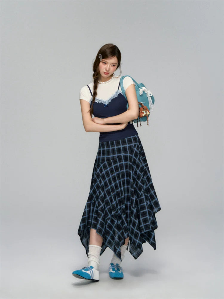 Irregular Navy Blue Checked Midi Skirt
