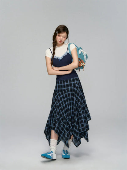 Irregular Navy Blue Checked Midi Skirt