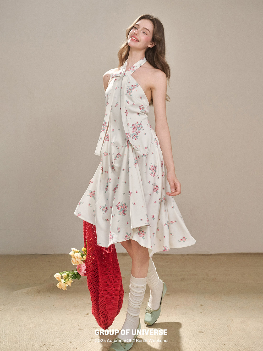Rose Pleats Halter Midi Dress