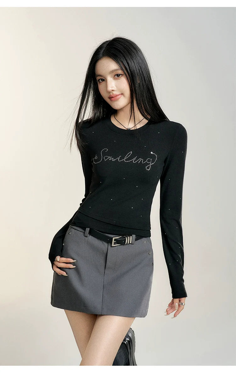 Black &amp; White Round Neck Fitted Long-sleeve T-shirt