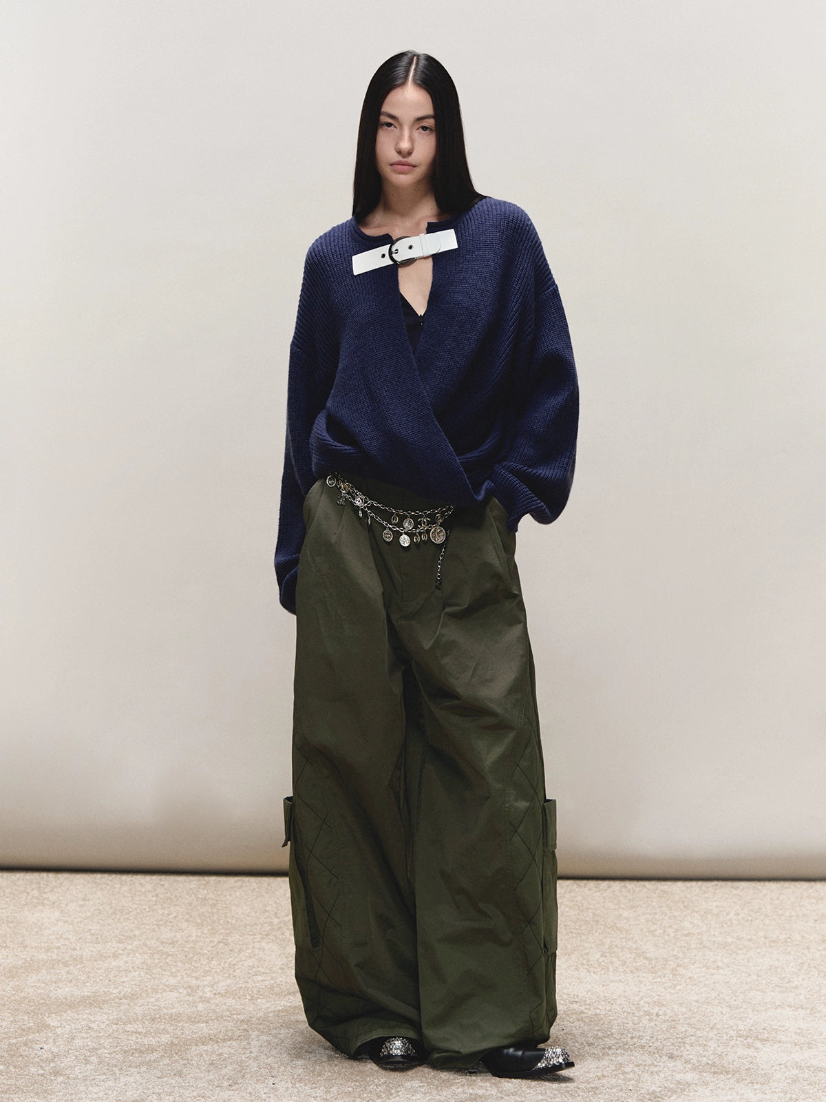 Wool V-Neck Buckle-Panel Sweater