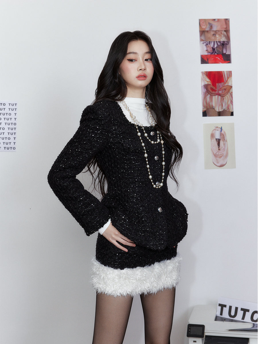 Chanel-style Square Neck Waist-Cinching Jacket &amp; skirt set