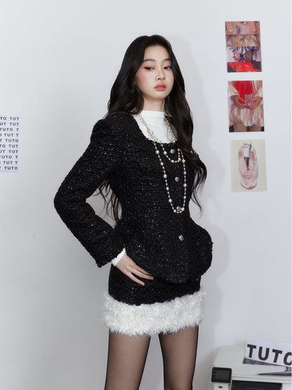 Chanel-style Square Neck Waist-Cinching Jacket &amp; skirt set
