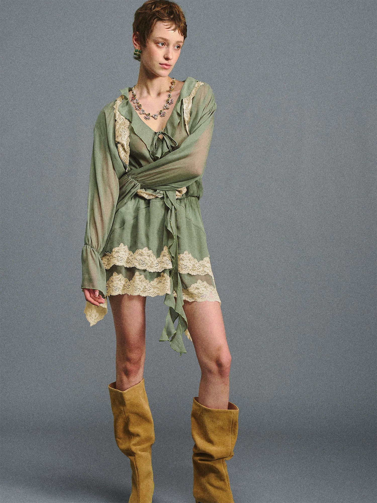 Moss Green Lace Layered Mini Dress