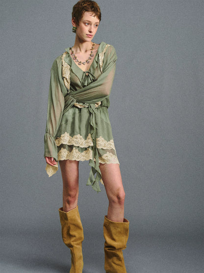 Moss Green Lace Layered Mini Dress