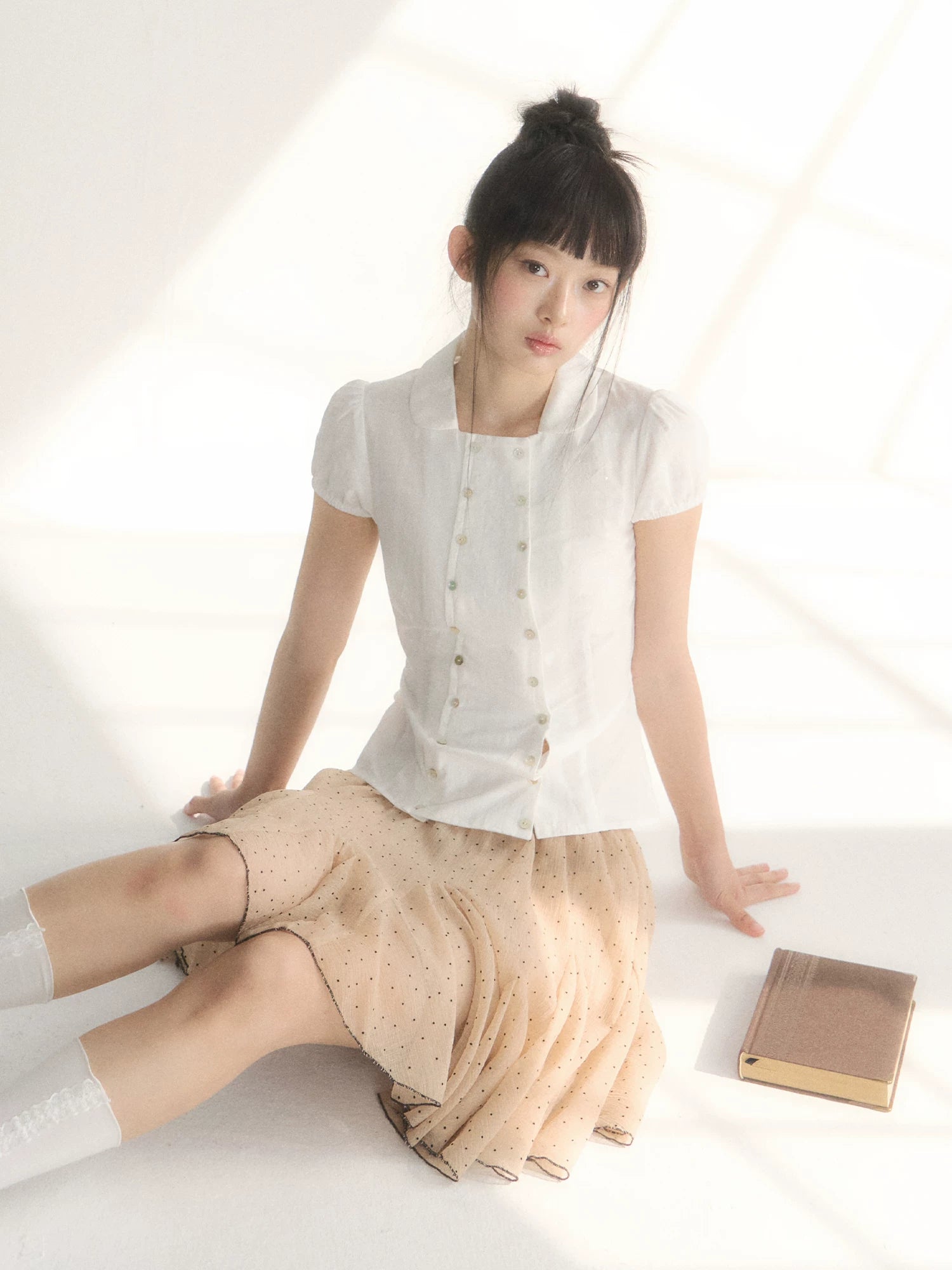 French Double-Button Puff Sleeve Shirt