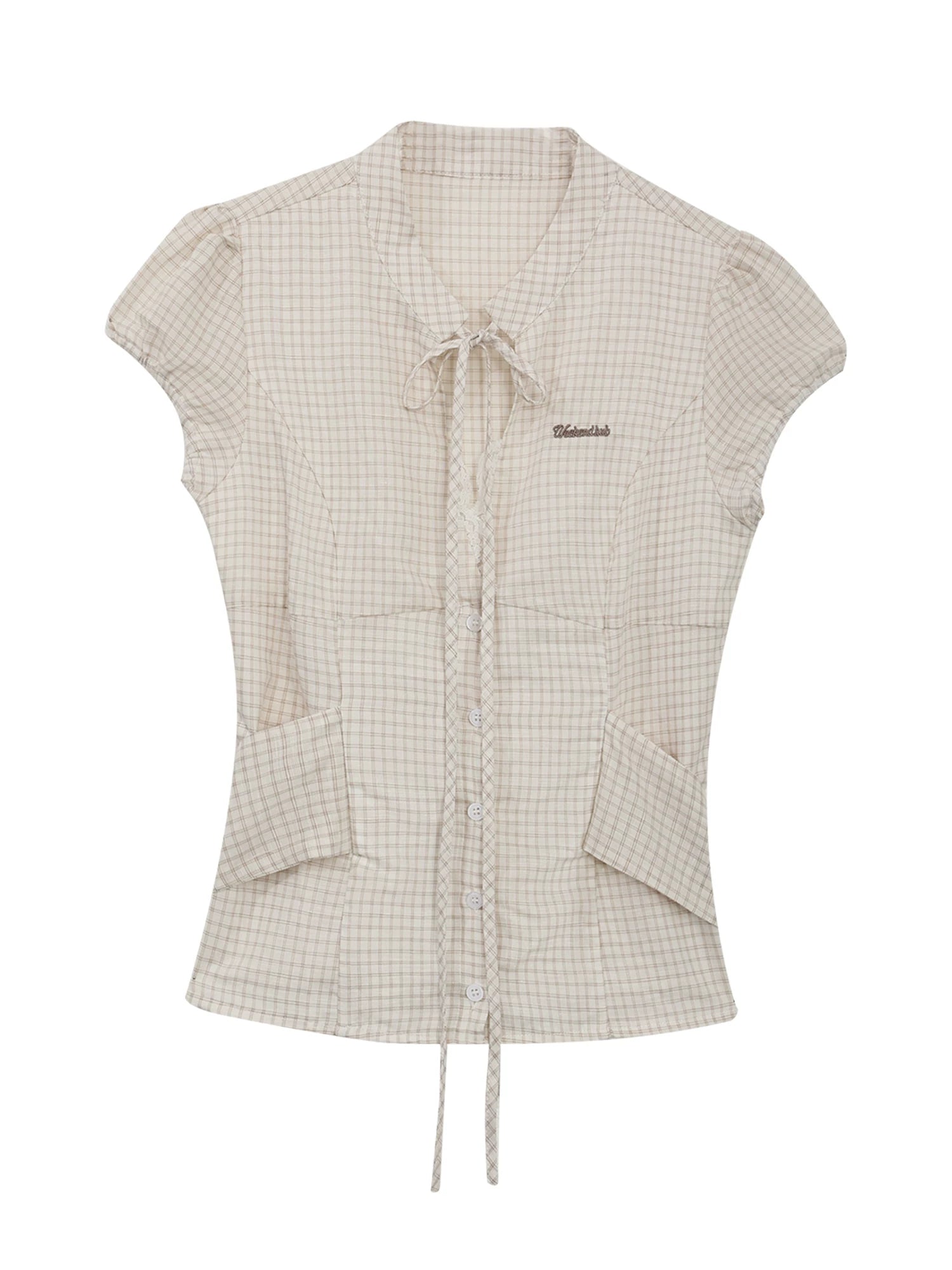 Apricot Plaid Tie-Neck Blouse