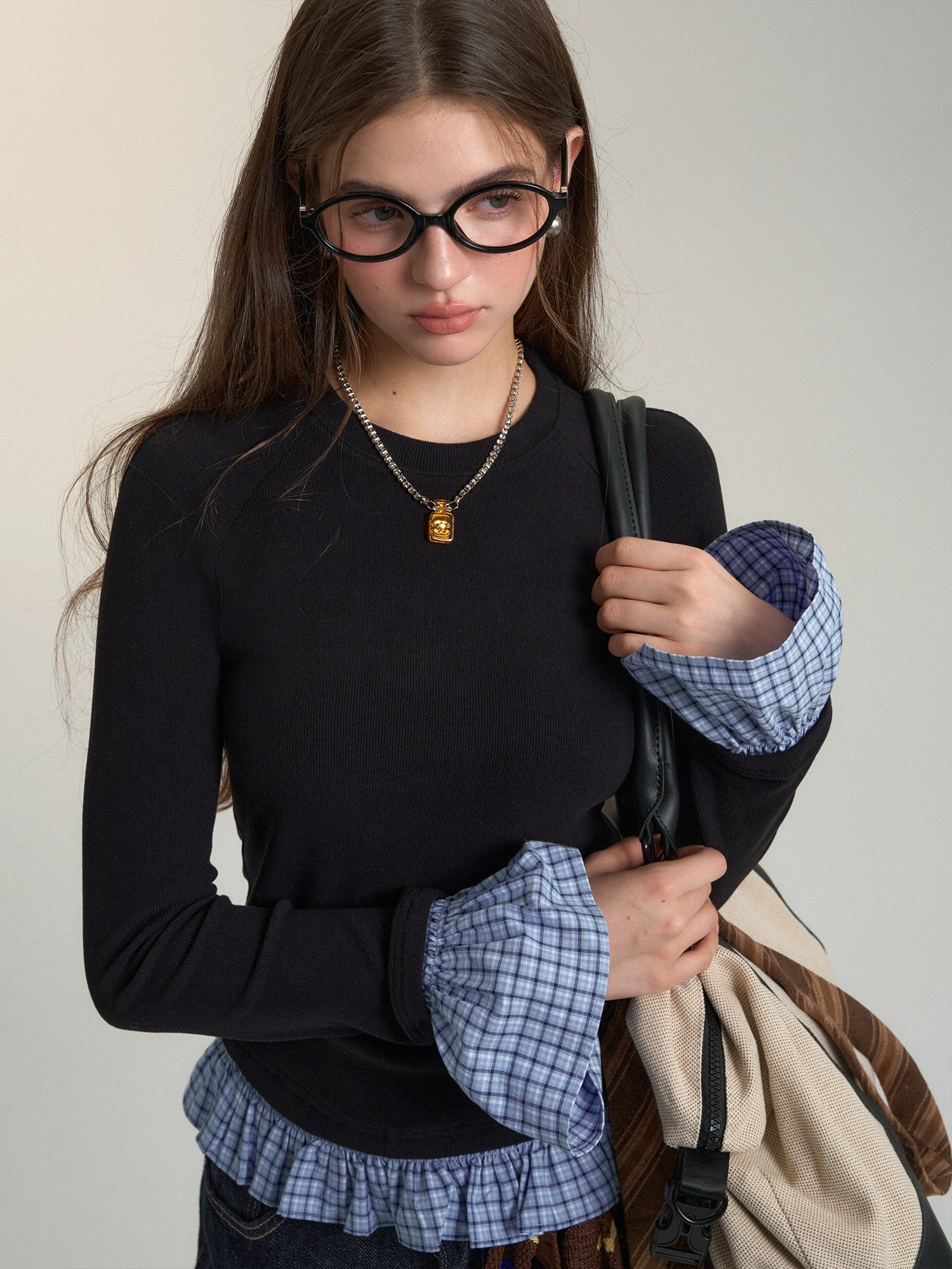 Plaid Patchwork Long-Sleeve Top