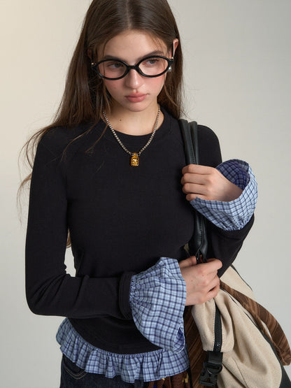 Plaid Patchwork Long-Sleeve Top