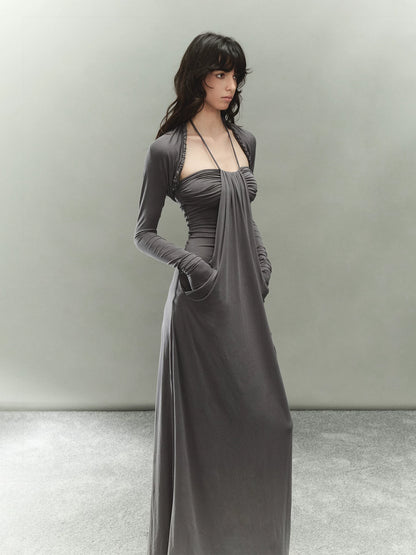 Gray Lyocell Braided-Halter Ruched Dress Set