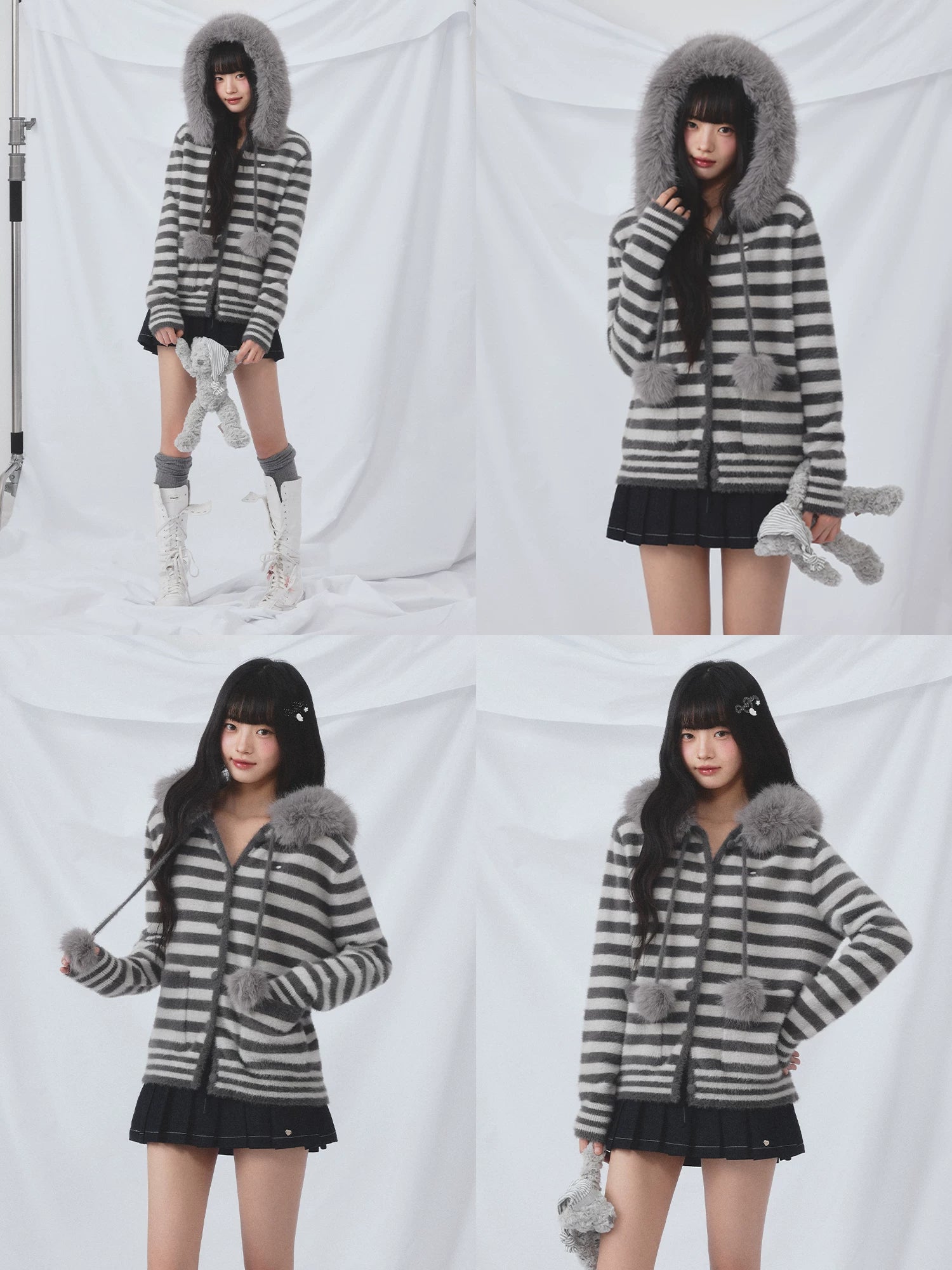 Gray Fur Hood Stripe Cardigan