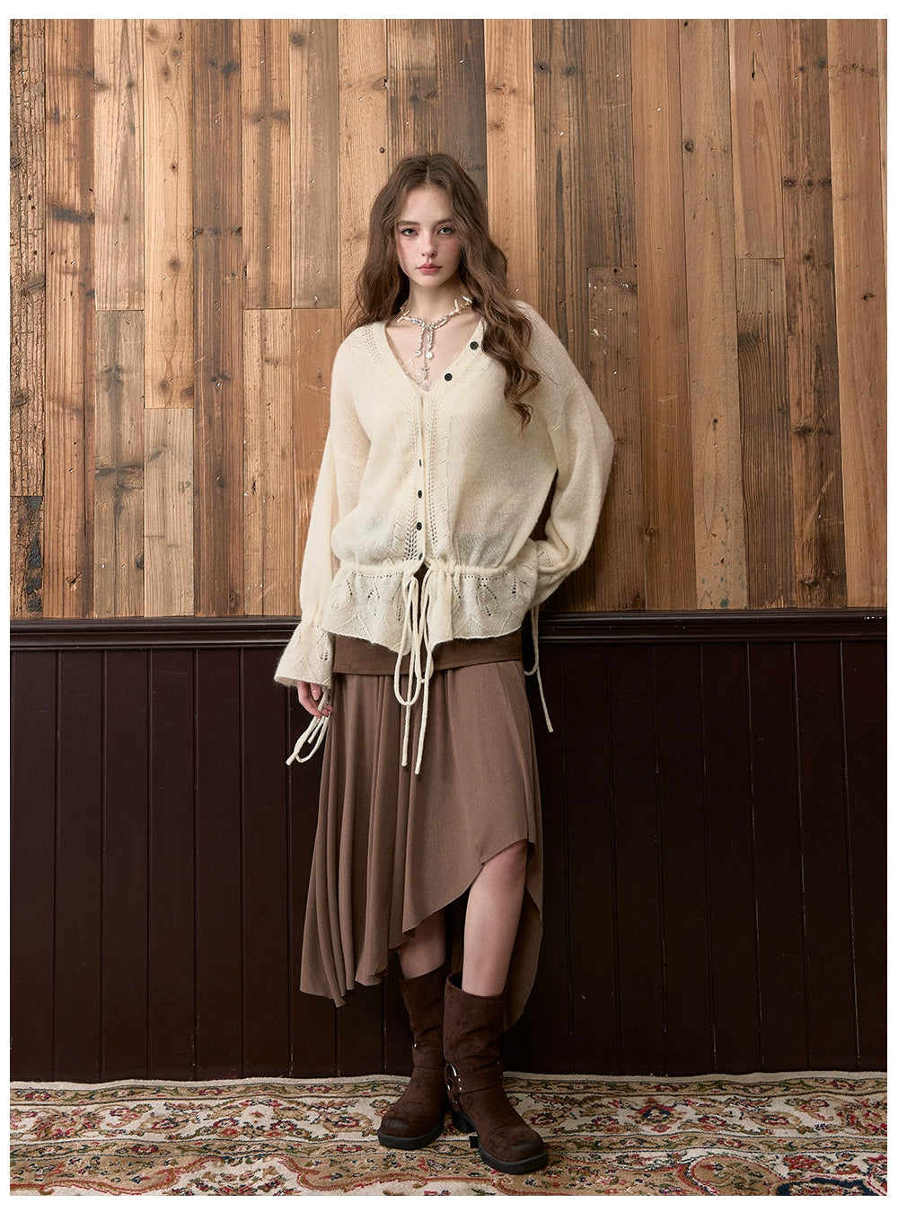 Brown &amp; Off-white Drawstring Knit Cardigan