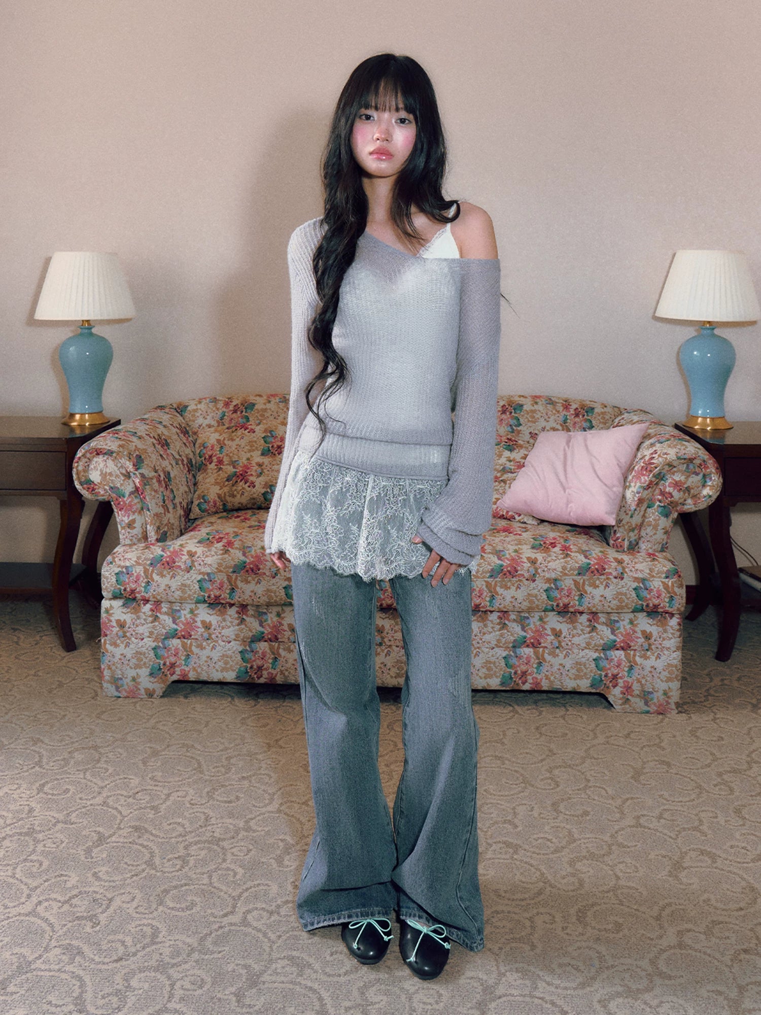 Asymmetric V-Neck Knit Top