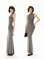 Deep Gray Sleeveless Pleated Knit Dress