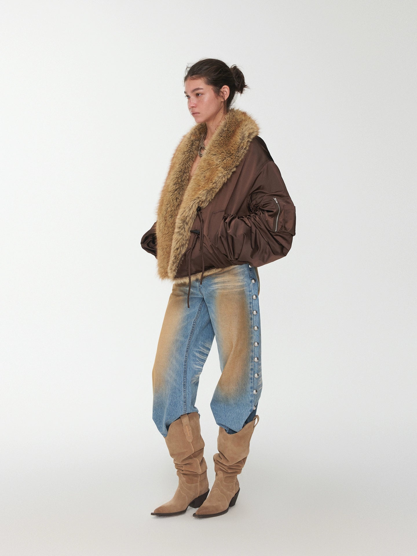 Brown Faux-Fur Collar Bomber Jacket