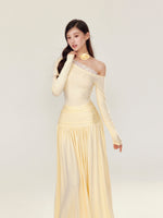 Off-Shoulder Asymmetrical Waist Pleated Dress