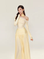 Off-Shoulder Asymmetrical Waist Pleated Dress