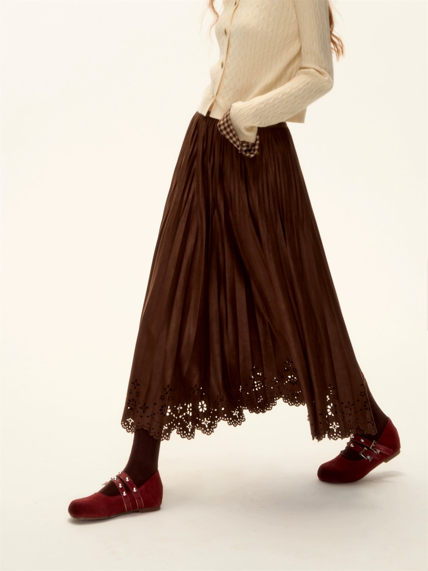 Eyelet Hem Suede Long Skirt