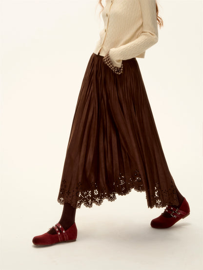 Eyelet Hem Suede Long Skirt