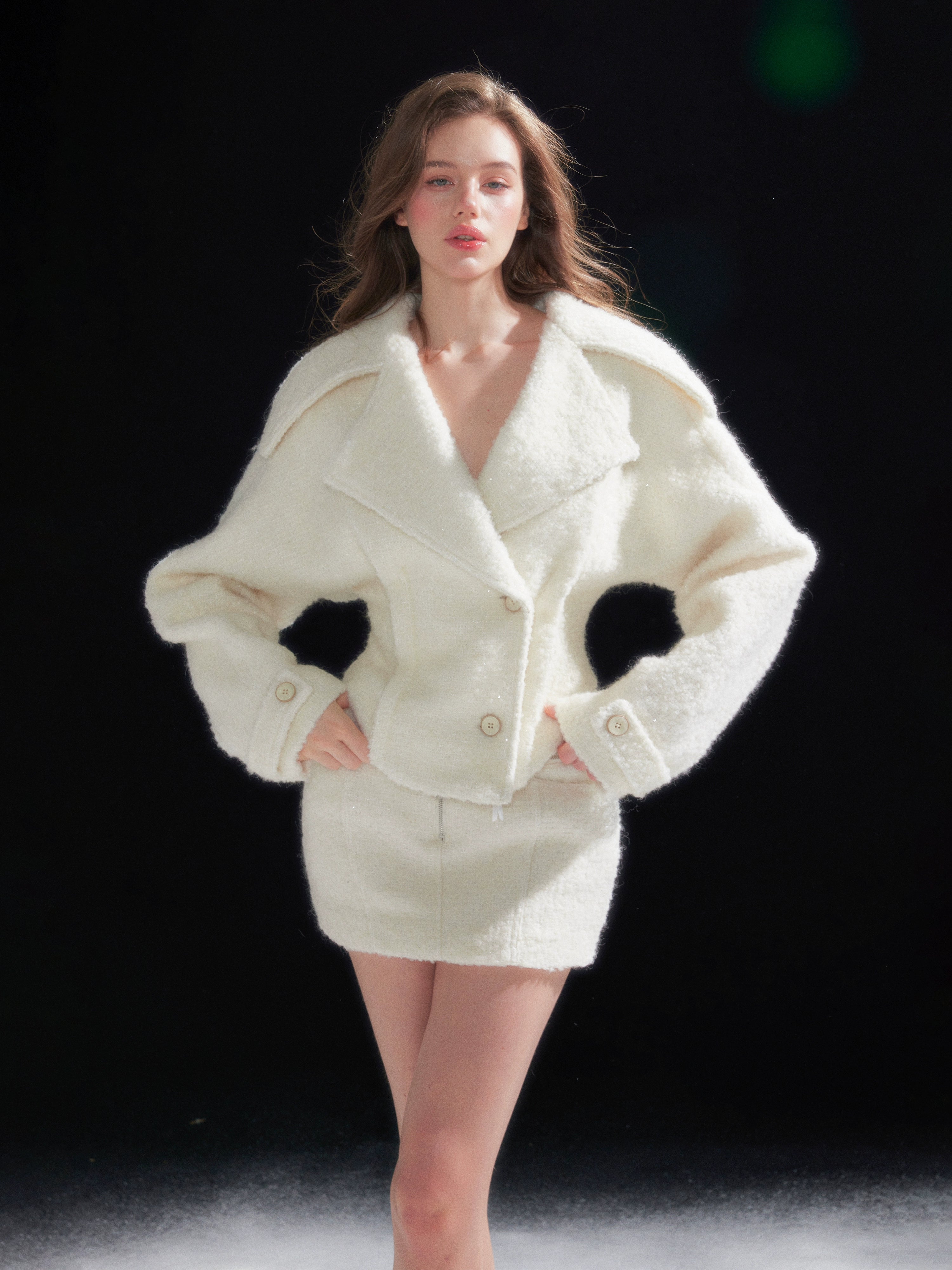 Shearling Collar Waist-Cinching Coat &amp; Wool Skirt Set