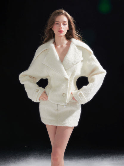 Shearling Collar Waist-Cinching Coat &amp; Wool Skirt Set