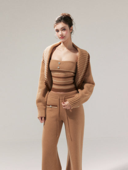 Khaki Striped Oversized Collar Knit Cardigan and Pants Set